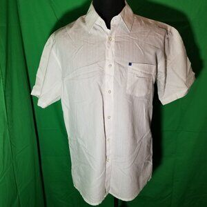 Ocean Current Men XL Button Up White Blue Stripe Logo Beach Surf Coast Gulf Bay